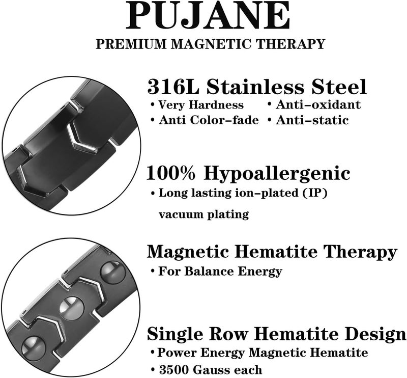 PUJANE Magnetic Hematite Bracelets for Men Women 316L Stainless Steel Power Balance Energy Magnets Stones Bracelet Jewelry Gift with Adjustment Tool - Image 3